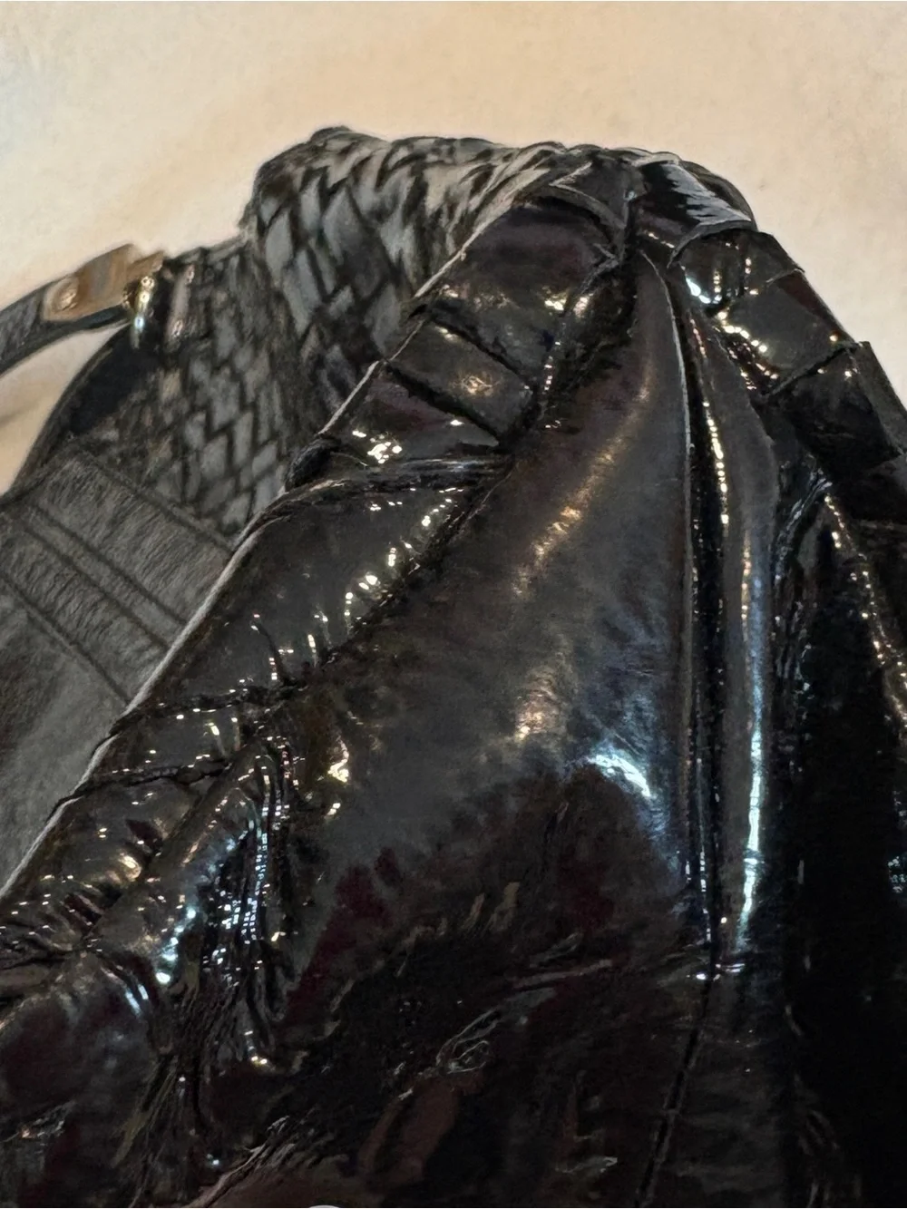 Elliott Lucca Black Patent Hobo with Woven Side Panels